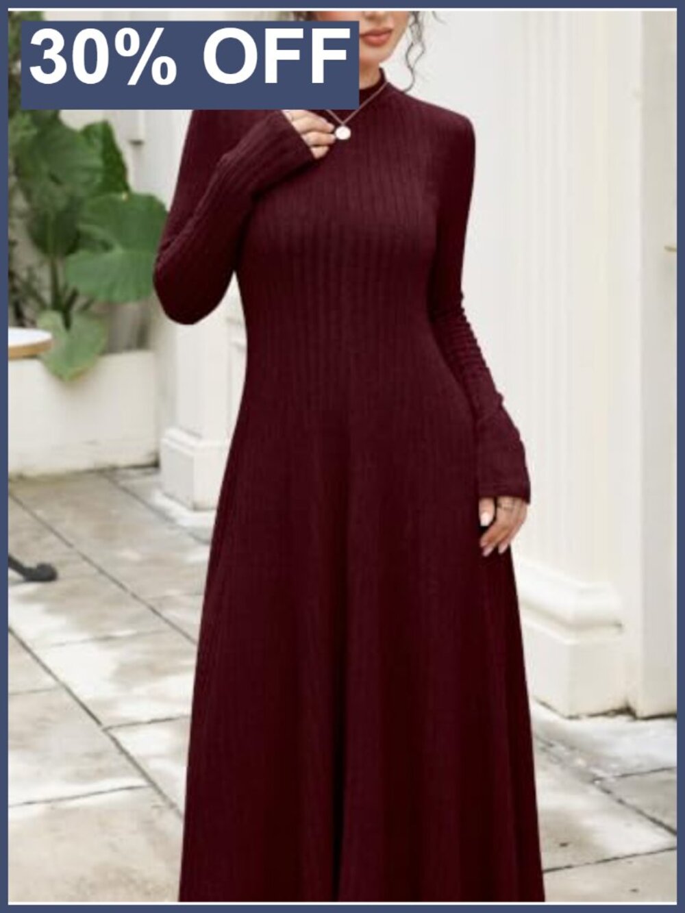 Ribbed Knit Mock Neck Long Sleeve Midi Dress - Picture 5 of 6